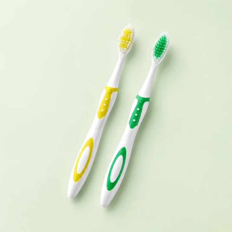 Two classic 5Doctors toothbrushes with yellow and green grips on a soft green background