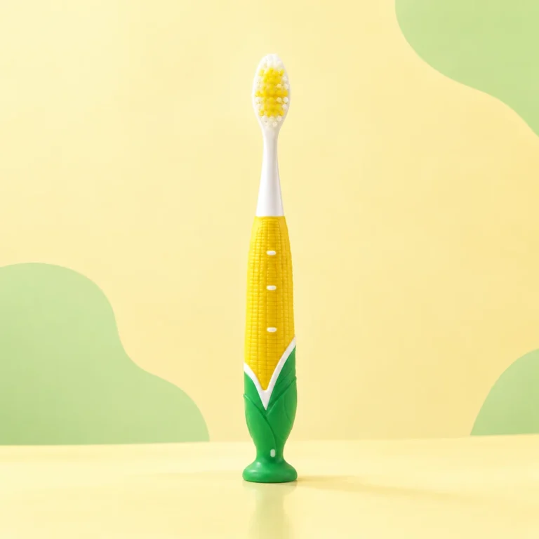 Kids' 5Doctors toothbrush shaped like a corn cob, standing upright on its suction base