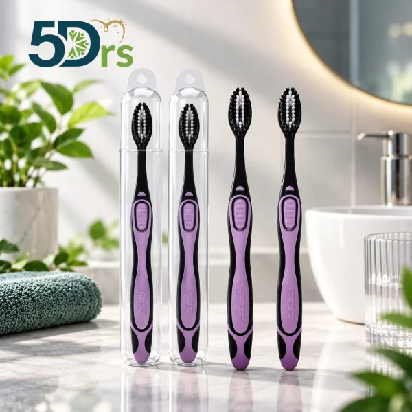 Four 5Doctors Charcoal toothbrushes in black and lilac, two of them in travel cases
