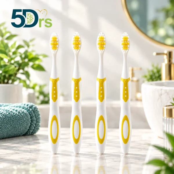 Four 5Doctors Classic toothbrushes with yellow grips standing on a bathroom counter