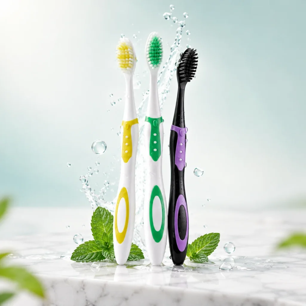 Three 5Doctors toothbrushes standing on marble with a water splash and fresh mint leaves