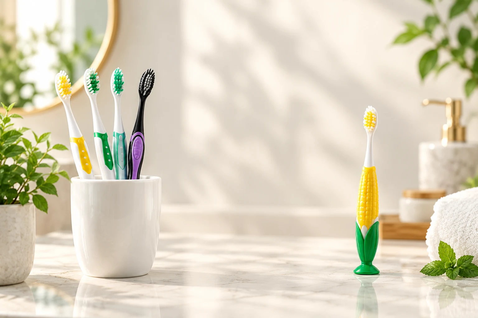 A cup of 5Doctors toothbrushes beside a corn-shaped kids brush on a sunlit bathroom counter