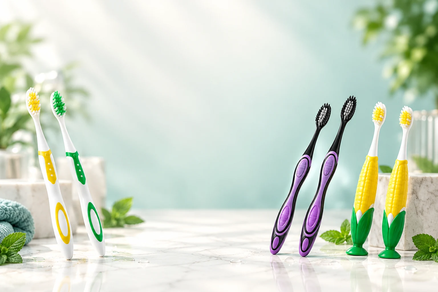 The 5Doctors toothbrush collection arranged on a bright marble bathroom counter with mint leaves