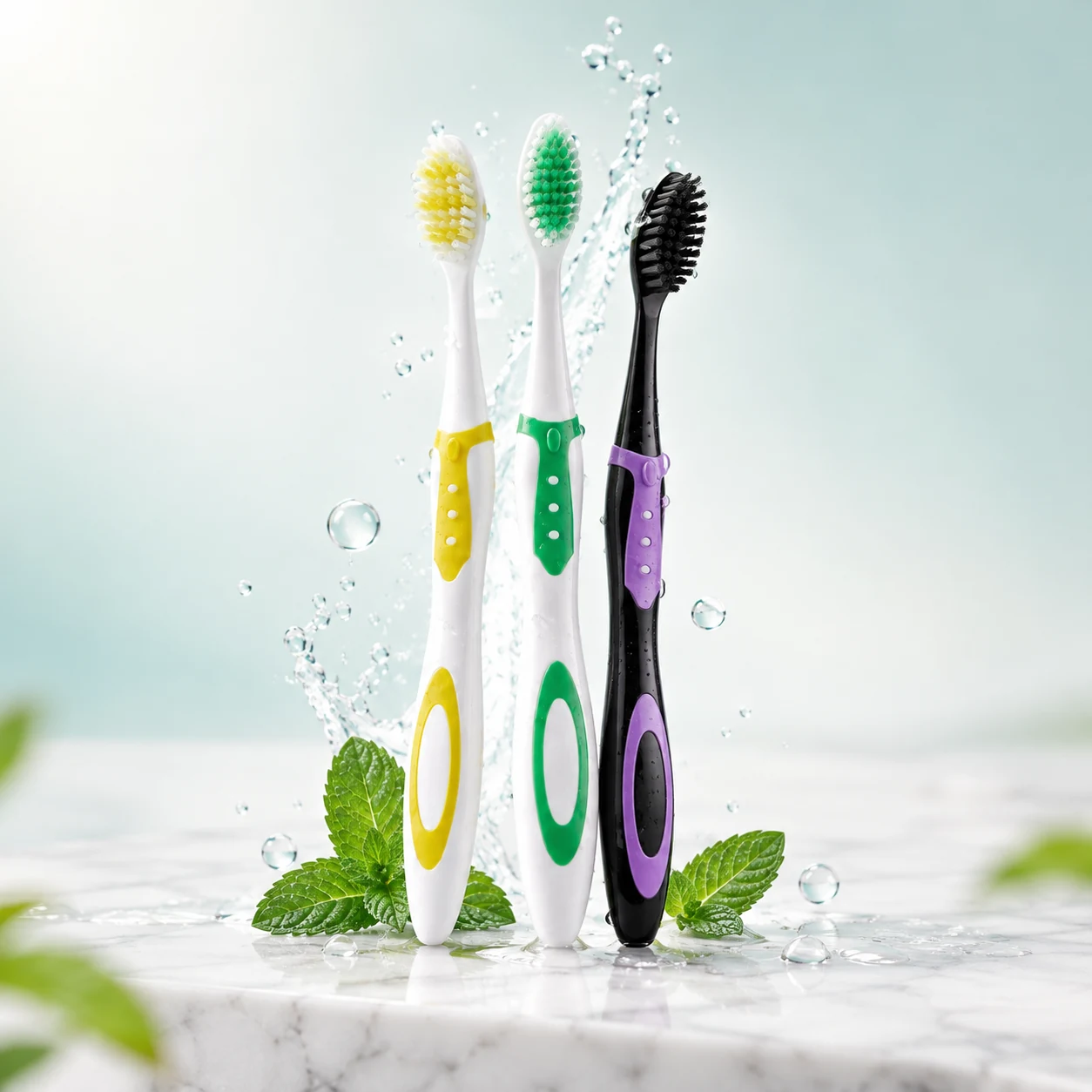 Three 5Doctors toothbrushes standing on marble with a water splash and fresh mint leaves