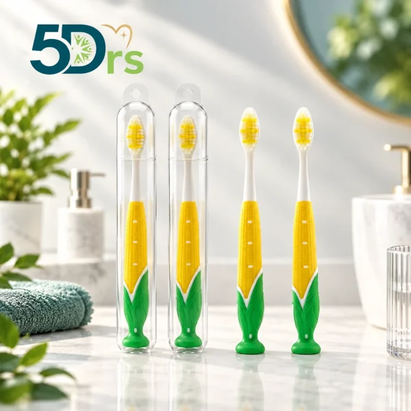 Four 5Doctors kids' toothbrushes with corn-shaped handles, two of them in travel cases