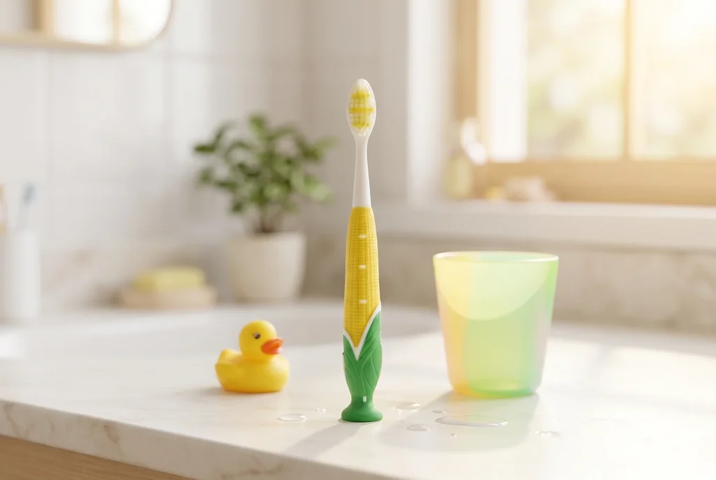 Kids' corn-shaped 5Doctors toothbrush standing on a bright bathroom counter beside a rubber duck and a cup