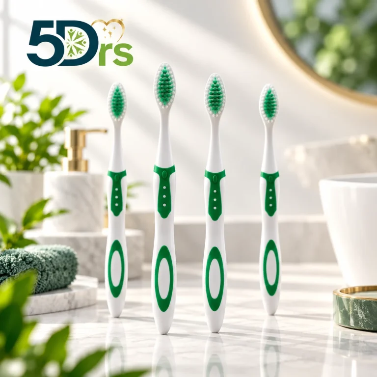Four 5Doctors Premium toothbrushes with green grips standing on a bathroom counter